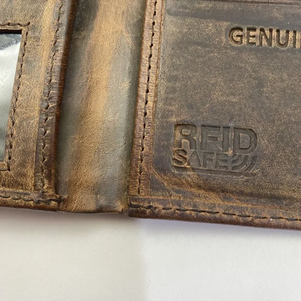 F&L Classic‎ Brown Genuine Leather Bifold Wallet RFID Safe Vintage